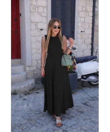 Kadın Sıfır Kollu Bisiklet Yaka Viskon Elbise