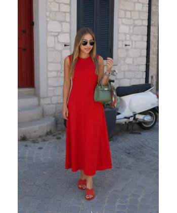 Kadın Sıfır Kollu Bisiklet Yaka Viskon Elbise