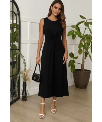 Kadın Sıfır Kollu Bisiklet Yaka Yandan Büzgü Detaylı Viskon Elbise