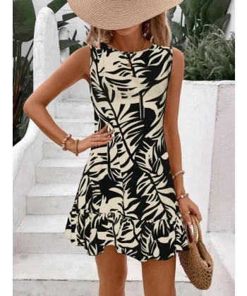 Kadın Sıfır Kollu Bisiklet Yakalı Fırfırlı Desenli Sofya Elbise