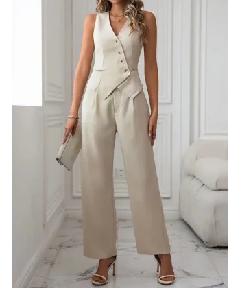 Kadın Sıfır Kollu çapraz V Yakalı önden Düğmeli Atlas Yelek Ve Pantolon Ikili Takım