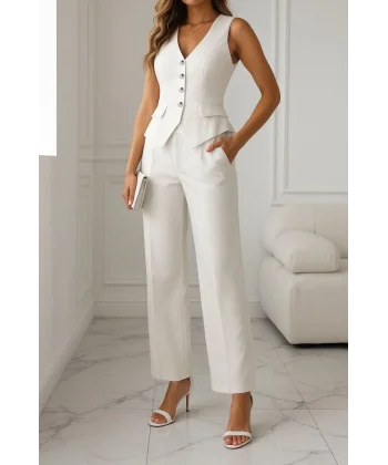 Kadın Sıfır Kollu çapraz V Yakalı önden Düğmeli Atlas Yelek Ve Pantolon Ikili Takım