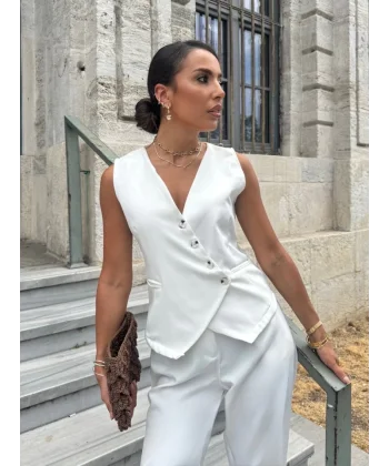 Kadın Sıfır Kollu çapraz V Yakalı önden Düğmeli Atlas Yelek Ve Pantolon Ikili Takım