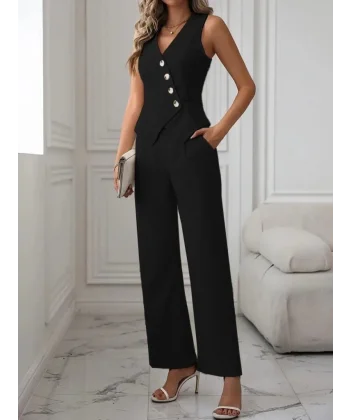 Kadın Sıfır Kollu çapraz V Yakalı önden Düğmeli Atlas Yelek Ve Pantolon Ikili Takım