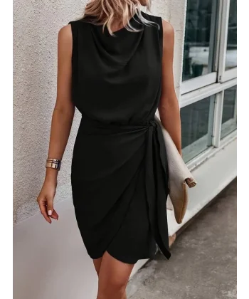 Kadın Sıfır Kollu Degaje Yakalı Yandan Bağlamalı Aerobin Elbise