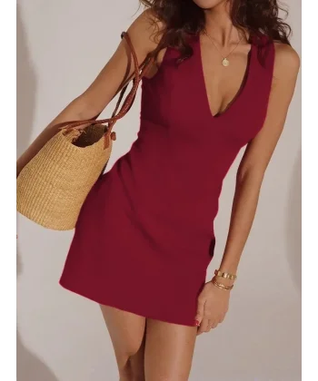 Kadın Sıfır Kollu Derin V Yakalı Janjan Krep Elbise