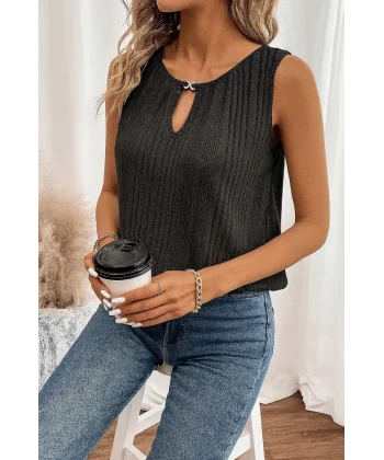 Kadın Sıfır Kollu Düğmeli Damla Yaka Detaylı Triko Bluz