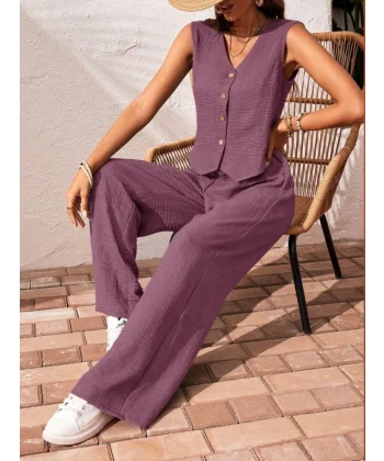 Kadın Sıfır Kollu Düğmeli Yelek Ve Pantolon Bürümcük Ikili Takım