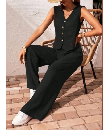 Kadın Sıfır Kollu Düğmeli Yelek Ve Pantolon Bürümcük Ikili Takım