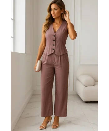 Kadın Sıfır Kollu Düğmeli Yelek Ve Pantolon Bürümcük Ikili Takım