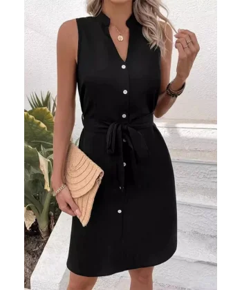 Kadın Sıfır Kollu Hakim Yaka önden Düğmeli Belden Kuşaklı Ithal Keten Elbise