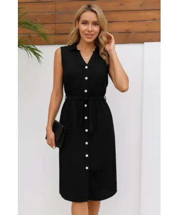 Kadın Sıfır Kollu Hakim Yaka önden Düğmeli Belden Kuşaklı Ithal Keten Elbise