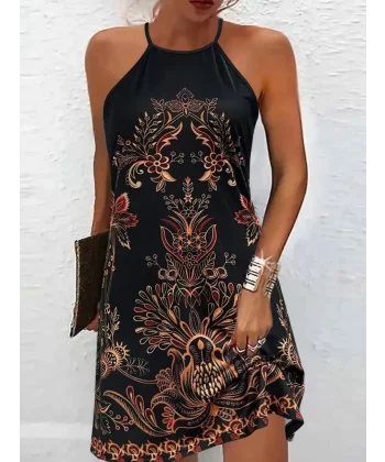 Kadın Sıfır Kollu Halter Yakalı Desenli Süprem Elbise