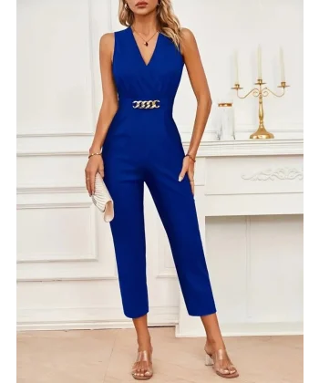 Kadın Sıfır Kollu Kruvaze Detaylı Ithal Krep Tulum