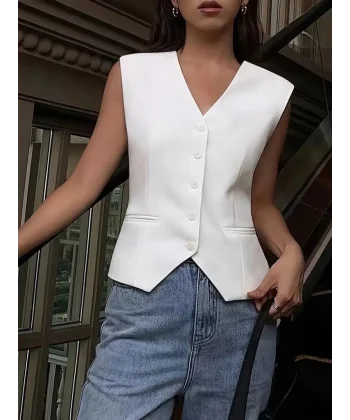 Kadın Sıfır Kollu önden Düğmeli Atlas Yelek