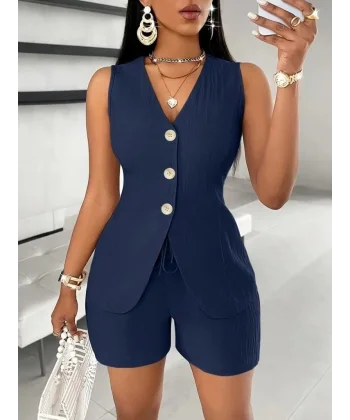 Kadın Sıfır Kollu önden Düğmeli Ithal Krep Ceket Ve Short Ikili Takım