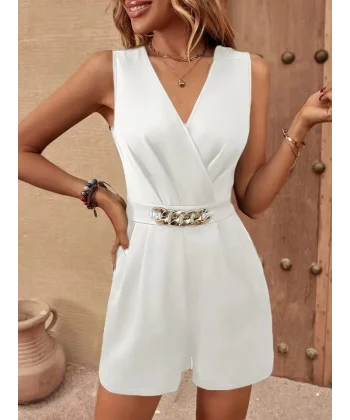 Kadın Sıfır Kollu V Yakalı Cep Detaylı Ithal Krep Tulum