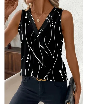 Kadın Sıfır Kollu V Yakalı Desenli Dalgıç Bluz