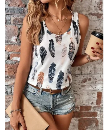 Kadın Sıfır Kollu V Yakalı Yaprak Desenli Süprem Bluz