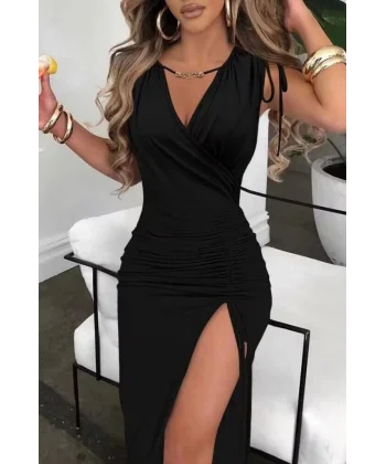 Kadın Sıfır Kollu V Yakalı Yırtmaç Detaylı Beli Büzgülü Omuzdan Bağcıklı Sandy Maxi Elbise