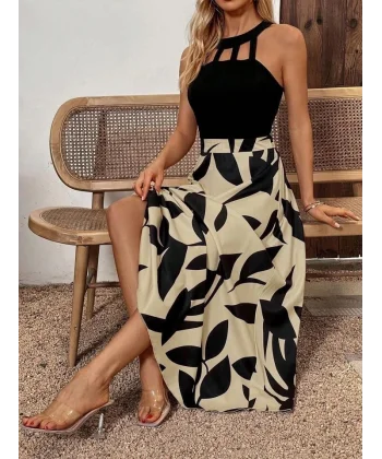 Kadın Sıfır Kollu Yakadan şeritli Omuzlardan Açık Janjan Krep Desenli Al Dalgıç Maxi Elbise