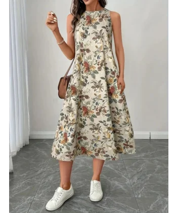 Kadın Sıfır Kollu Yuvarlak Yaka Desenli Ithal Keten Midi Elbise