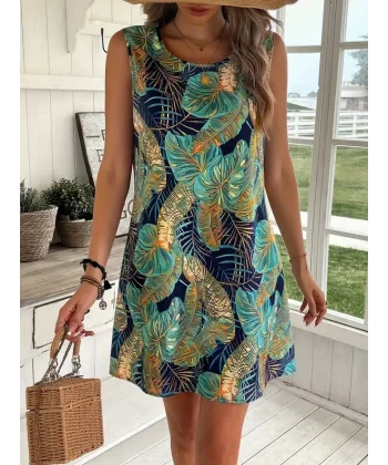 Kadın Sıfır Kollu Yuvarlak Yaka Desenli Süprem Elbise