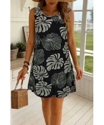 Kadın Sıfır Kollu Yuvarlak Yaka Desenli Süprem Elbise