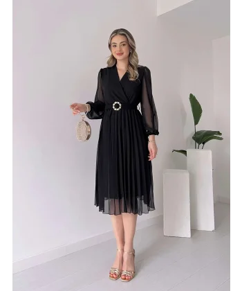 Kadın şifon Kumaş Astalı Kloş Kesim Kruvaze Yaka idi Boy Elbise