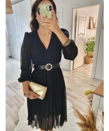 Kadın şifon Kumaş Astalı Kloş Kesim Kruvaze Yaka idi Boy Elbise