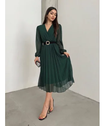 Kadın şifon Kumaş Astalı Kloş Kesim Kruvaze Yaka idi Boy Elbise