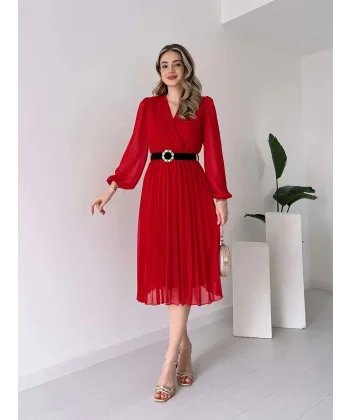 Kadın şifon Kumaş Astalı Kloş Kesim Kruvaze Yaka idi Boy Elbise