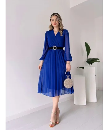 Kadın şifon Kumaş Astalı Kloş Kesim Kruvaze Yaka idi Boy Elbise