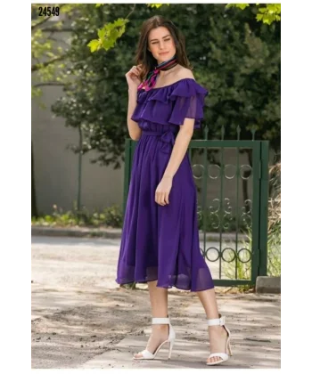 Kadın şifon Kumaş Astarlı adonna Fırfır Yaka Elbise