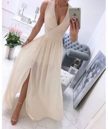 Kadın şifon Kumaş V Yaka Sıfır Kol Maxi Boy Elbise