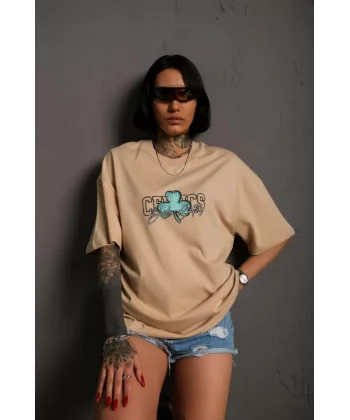 Kadın Sırt Baskılı T-shirt - Bej