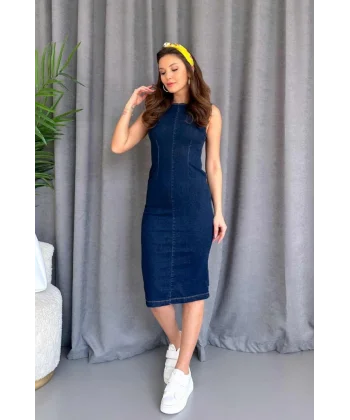 Kadın Sırt Fermuar Detay Sıfır Kol Likralı Kot Elbise