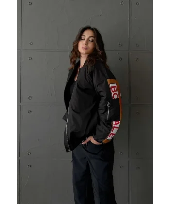 Kadın Sırt ve Kol Parça Baskılı Bomber Ceket - Siyah