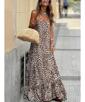 Kadın Sırtı Açık Yuvarlak Yaka Eteği Fırfırlı Leopar Desenli Süprem Elbise