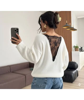 Kadın Sırtı Dantel Transparan Detay Triko Kazak