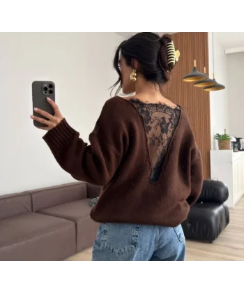 Kadın Sırtı Dantel Transparan Detay Triko Kazak