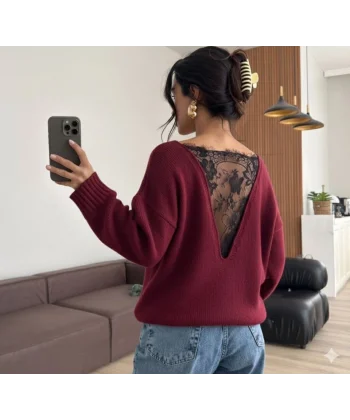 Kadın Sırtı Dantel Transparan Detay Triko Kazak