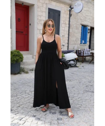 Kadın Sırttan çapraz Bağcıklı Yırtmaçlı Cepli Viskon Elbise