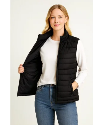 Kadın Şişme Fermuarlı Yelek Su itici Kapitone Astarlı Kumaş Cepli Hafif Kışlık Spor Rahat Kalıp - Siyah