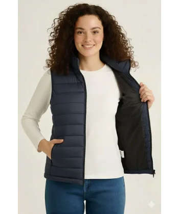 Kadın Şişme Fermuarlı Yelek Su itici Kapitone Astarlı Kumaş Cepli Hafif Kışlık Spor Rahat Kalıp - Lacivert