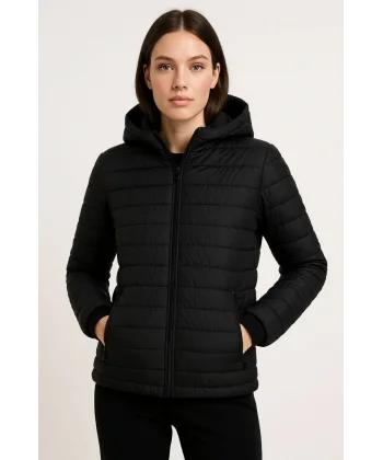 Kadın Şişme Kapüşonlu Fermuarlı Mont Su itici Kapitone Astarlı Kumaş Cepli Kışlık Rahat Kalıp - Siyah