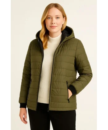 Kadın Şişme Kapüşonlu Fermuarlı Mont Su itici Kapitone Astarlı Kumaş Cepli Kışlık Rahat Kalıp - Haki