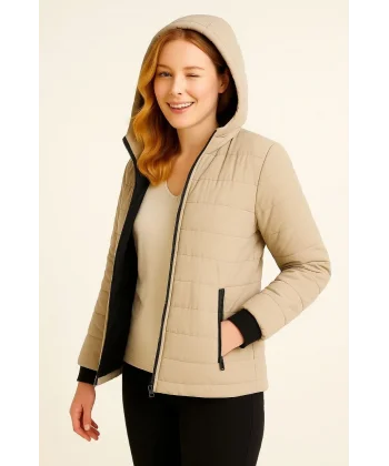 Kadın Şişme Kapüşonlu Fermuarlı Mont Su itici Kapitone Astarlı Kumaş Cepli Kışlık Rahat Kalıp - Bej