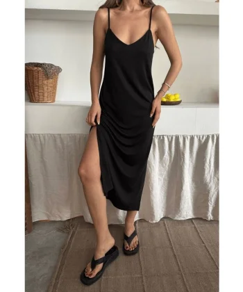 Kadın Siyah Asansör Askılı Çift Yırtmaçlı Helen Elbise