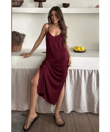 Kadın Siyah Asansör Askılı Çift Yırtmaçlı Helen Elbise